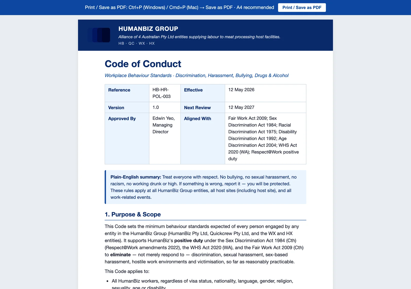 Code of Conduct — document sample