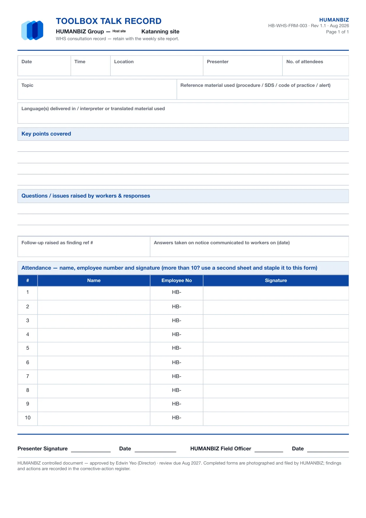 Toolbox talk record — document sample