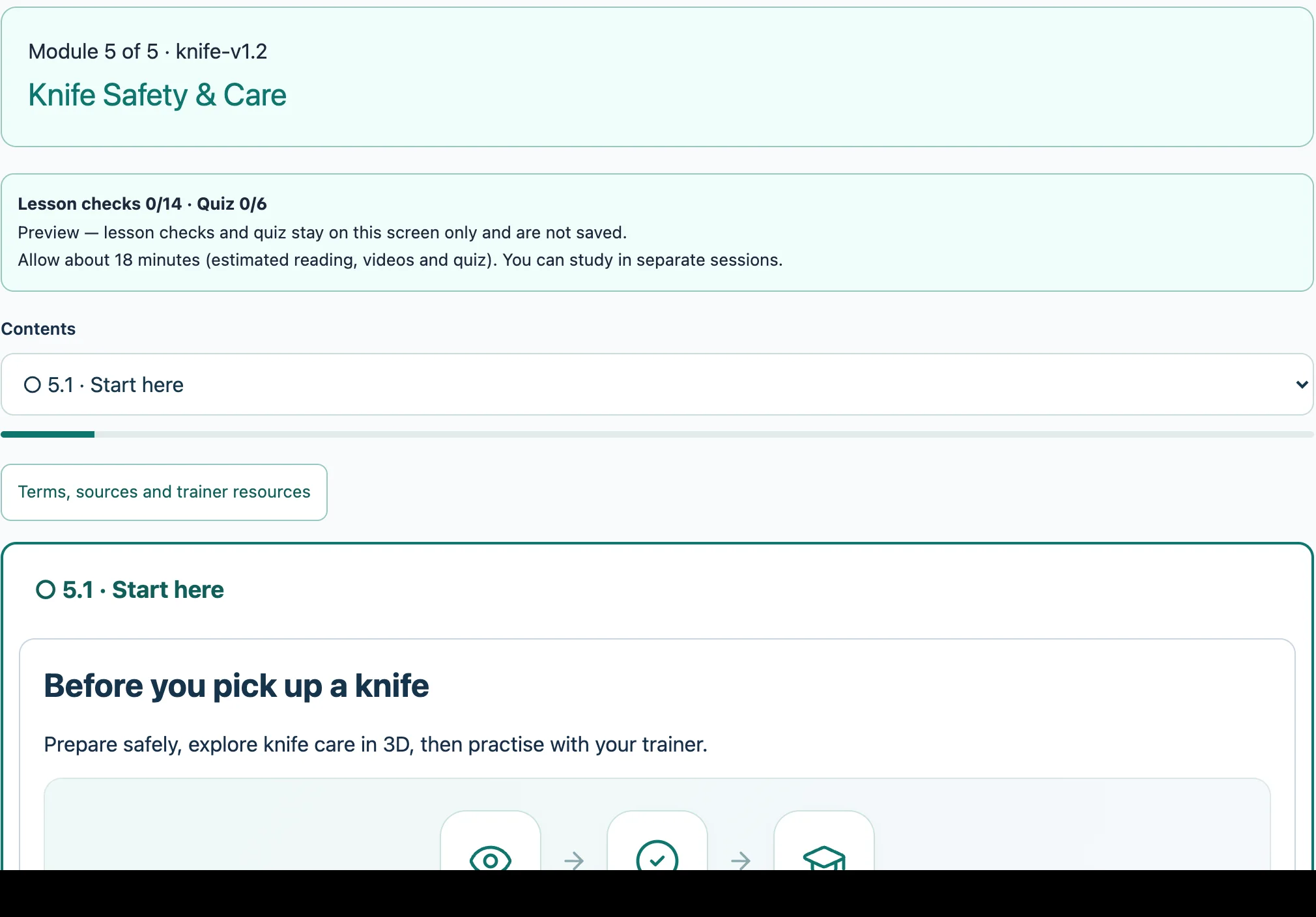 HUMANBIZ online induction — Module 5, Knife Safety & Care, lesson 5.1