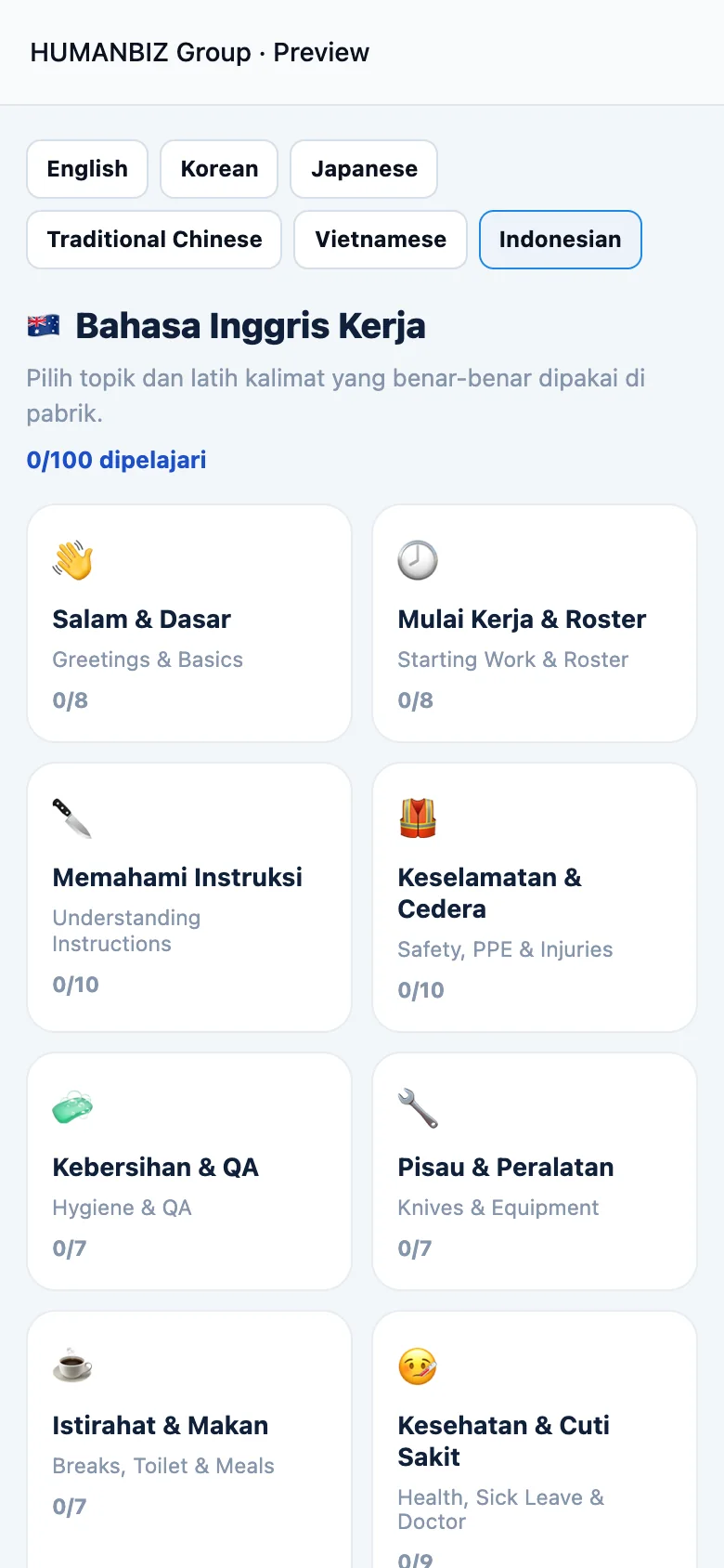 English for Work · Bahasa — worker portal on a phone